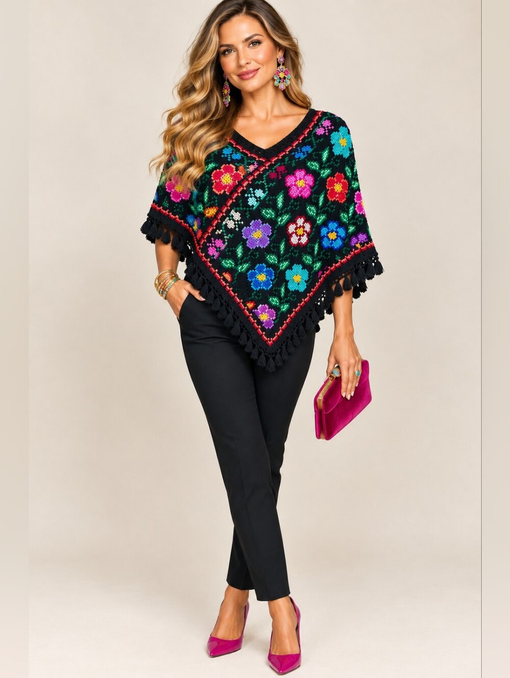 Vintage Crochet Floral V Neck Poncho Multicolor Boho Fringe Tassel Trim One Size
